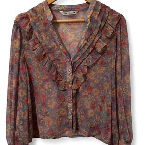 Zara sheer Floral blouse with ruffles, button down, long sleeves blouse.
